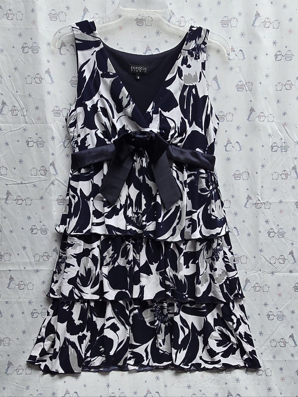 Enfocus Studio Blue & White Floral Tiered Dress with Satin Waist Bow. Size 8